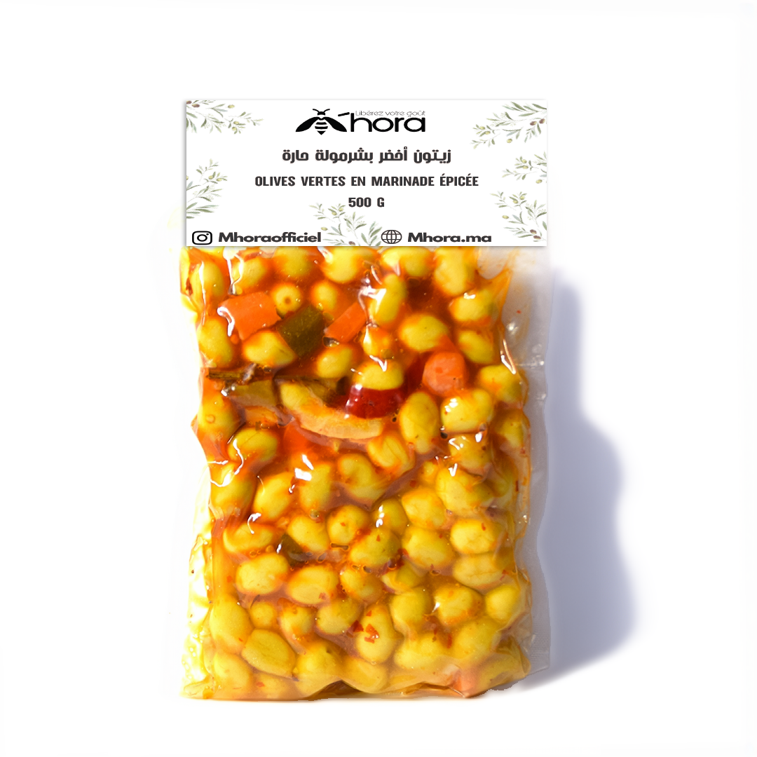 زيتون أخضر بشرمولة حارة OLIVES VERTES EN MARINADE ÉPICÉE